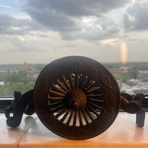 Vintage Asian Cast Iron Figural Rolling Cart Planter Wheels spin